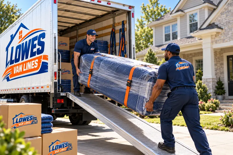 Two Lowes Van Lines movers carry a padded sofa up a ramp into a branded moving truck outside a home.