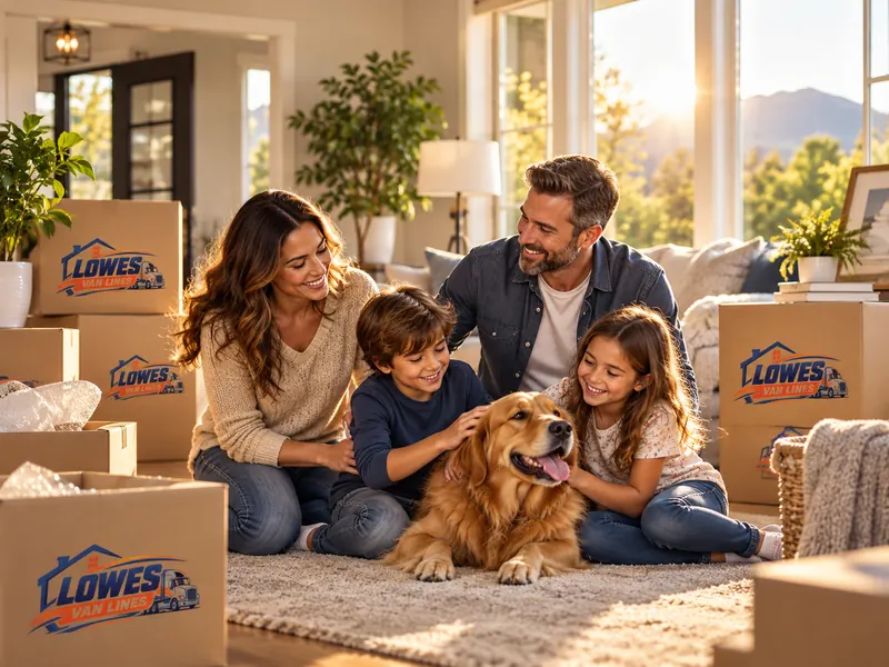 A family with two children and a golden retriever sits among Lowes Van Lines moving boxes in a sunlit living room.