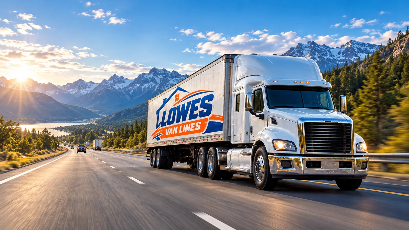Lowes Van Lines branded truck traveling through a mountain highway