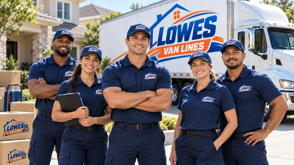 Five Lowes Van Lines movers stand in front of a branded moving truck outside a residential property.