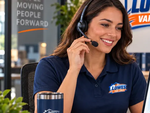 A Lowes Van Lines coordinator wearing a headset speaks with a customer from a branded office.