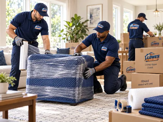 Lowes Van Lines movers carrying padded furniture into a branded moving truck