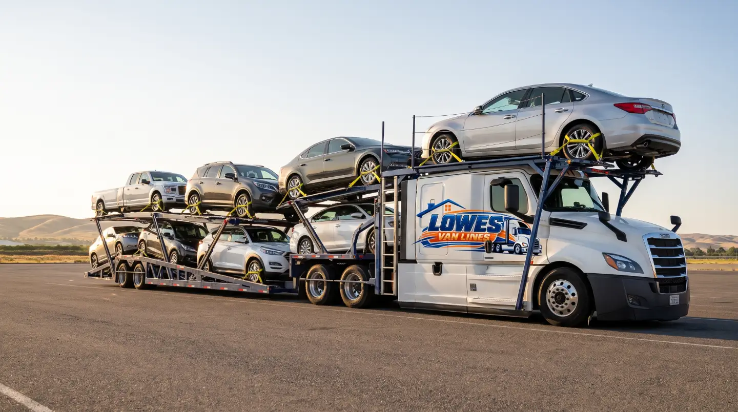 Lowes Van Lines branded automobile carrier transporting passenger vehicles