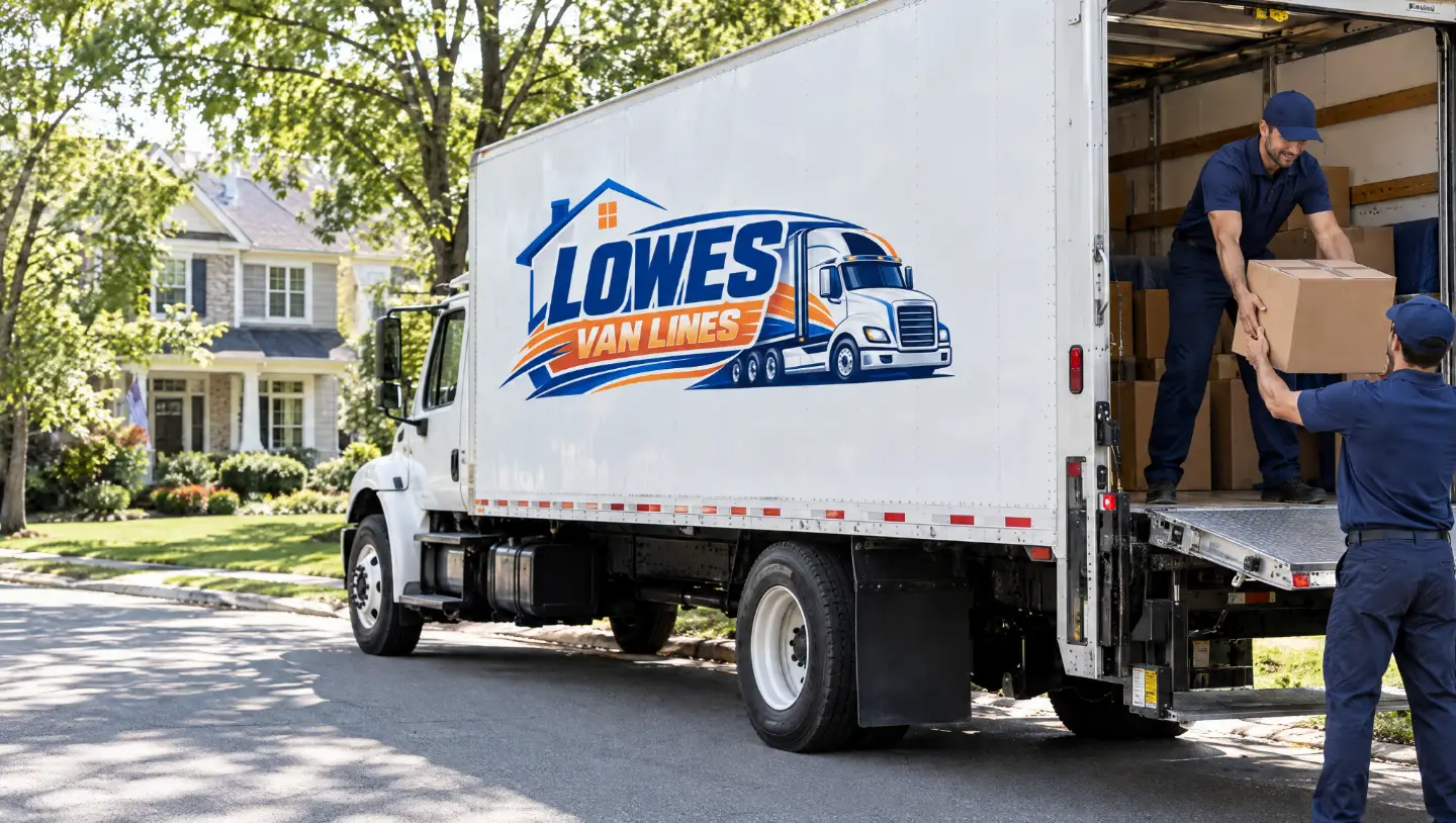 Lowes Van Lines movers handing a moving box from a branded truck on a residential street